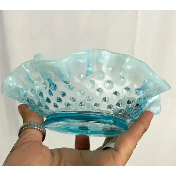 VTG Fenton Ruffled Blue Hobnail Glass Candy Dish Crimped Edges Home Decor - Picture 9 of 16